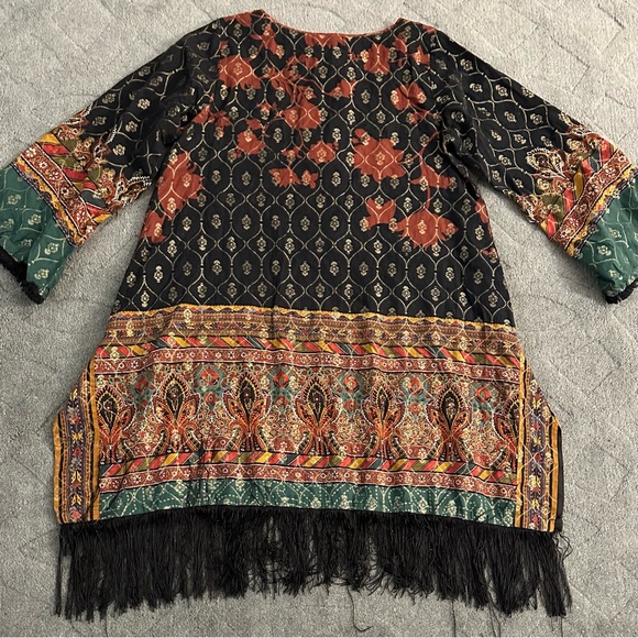 Limelight Pakistan Kurta Top Cotton Self Print Fringe Border Size M Black/Multi - Picture 10 of 12